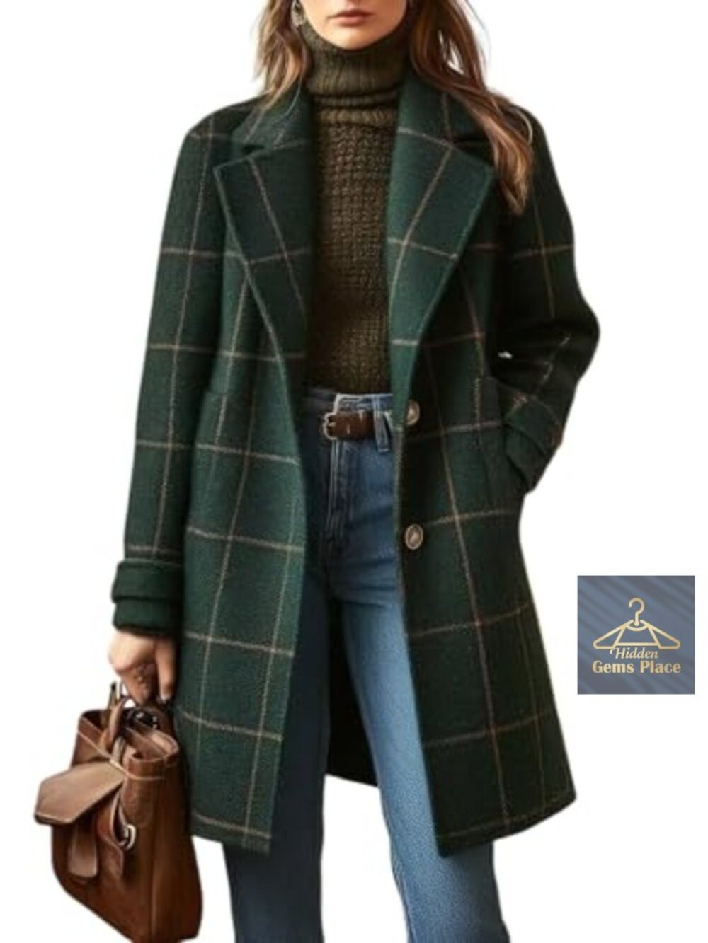 Wool Blend Plaid Notched Collar Mid Long Trench Coat Winter